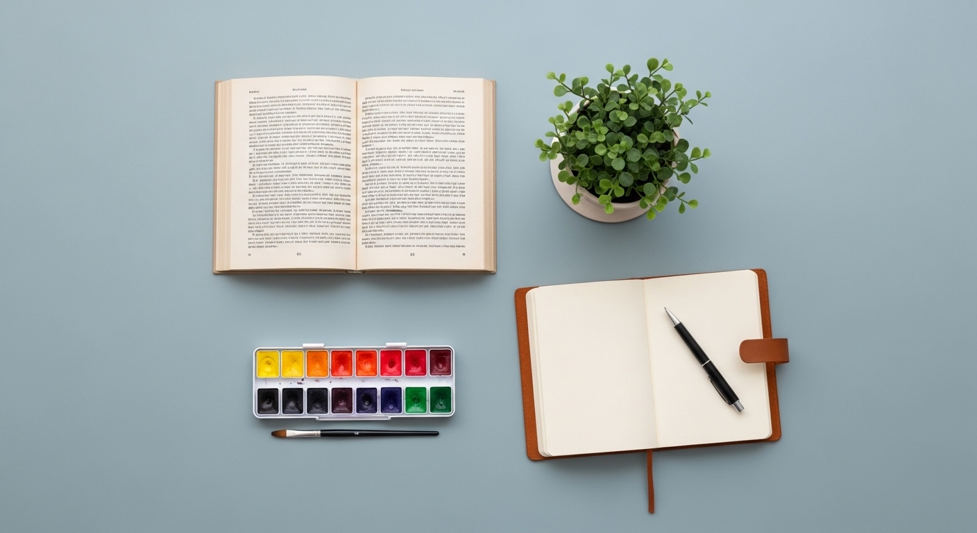 스마트폰 대신 몰입할 수 있는 독서, 그림 그리기, 취미 생활 용품들.