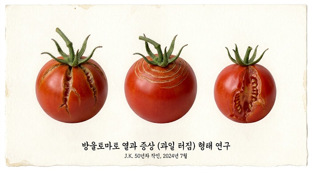 꼭지부터 세로로 찢어진 방사상 열과, 꼭지 주위에 원형 금이 간 동심원상 열과, 옆구리가 터진 측면 열과를 정확하게 묘사한 방울토마토 일러스트.