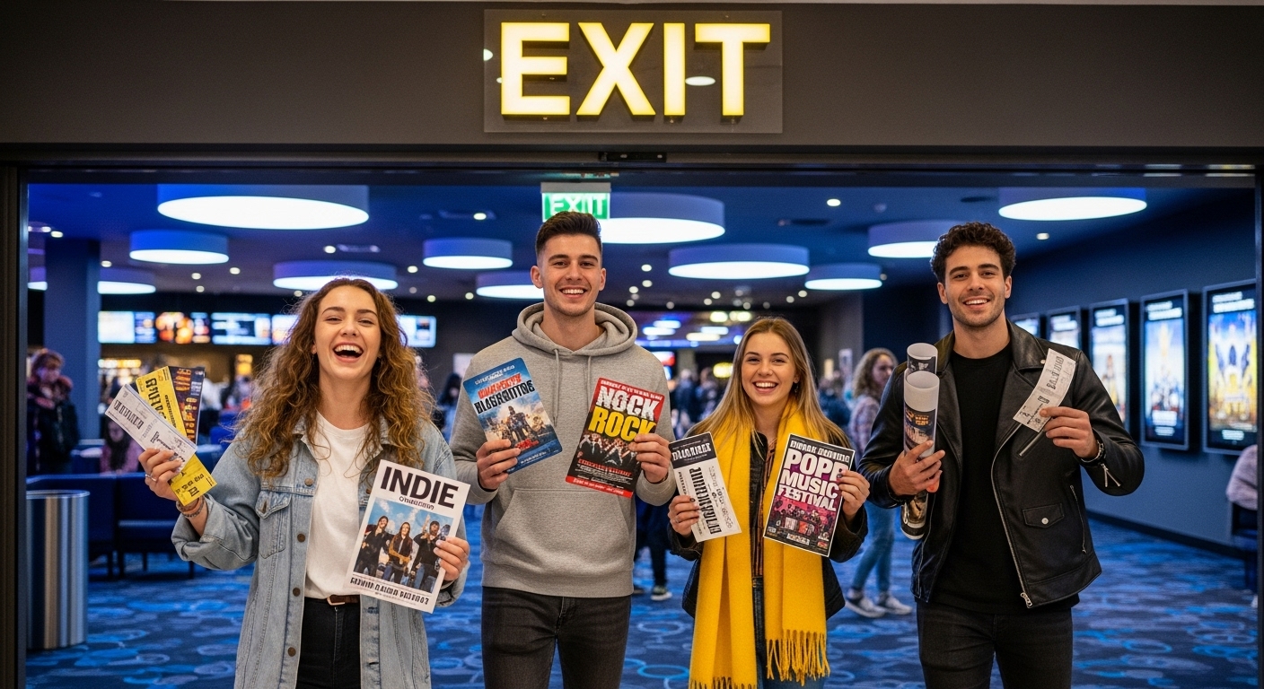 영화관에서 웃으며 나오는 수험생들이 영화표와 공연 전단지를 들고 있는 모습.