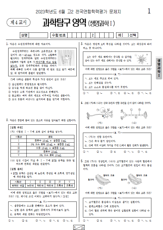 2023-6월-고2-모의고사-생명과학 1-기출문제-다운