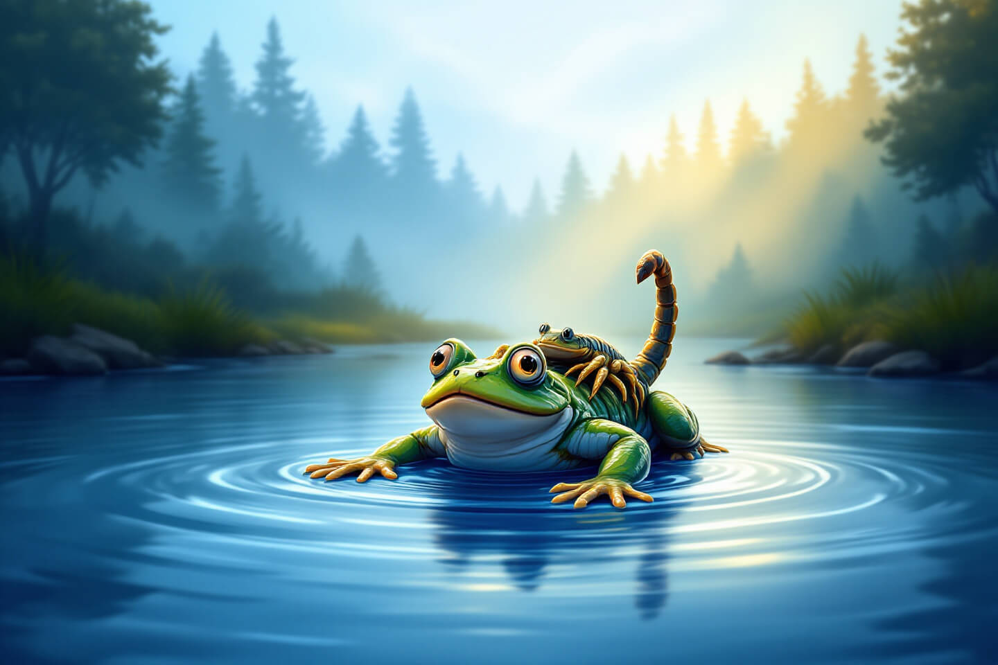 안개 낀 숲을 배경으로 잔잔한 강 위를 조심스럽게 헤엄치는 개구리와 그 등에 올라탄 전갈을 묘사한 장면. 개구리는 두려움 가득한 눈빛을 하고 있으며, 전갈은 꼬리를 높이 치켜들고 찌르기 직전의 긴장감을 보여준다. 강 표면의 잔잔한 물결과 부드러운 햇살이 이야기에 담긴 신뢰와 배신의 상징성을 강조한다.