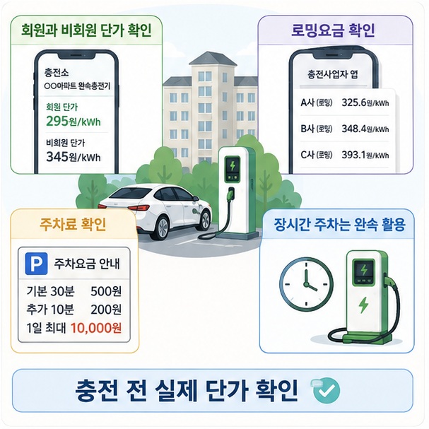 전기차 충전 시 사업자 회원가와 비회원가, 로밍요금과 주차료를 함께 확인하고 장시간 주차가 가능하면 완속충전을 활용하는 방법을 보여 주는 그림