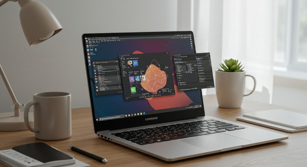 큰 화면에 여러 작업창이 열려 있는 17인치 노트북이 보이는 책상 풍경. 생산적이고 현대적인 느낌을 준다.