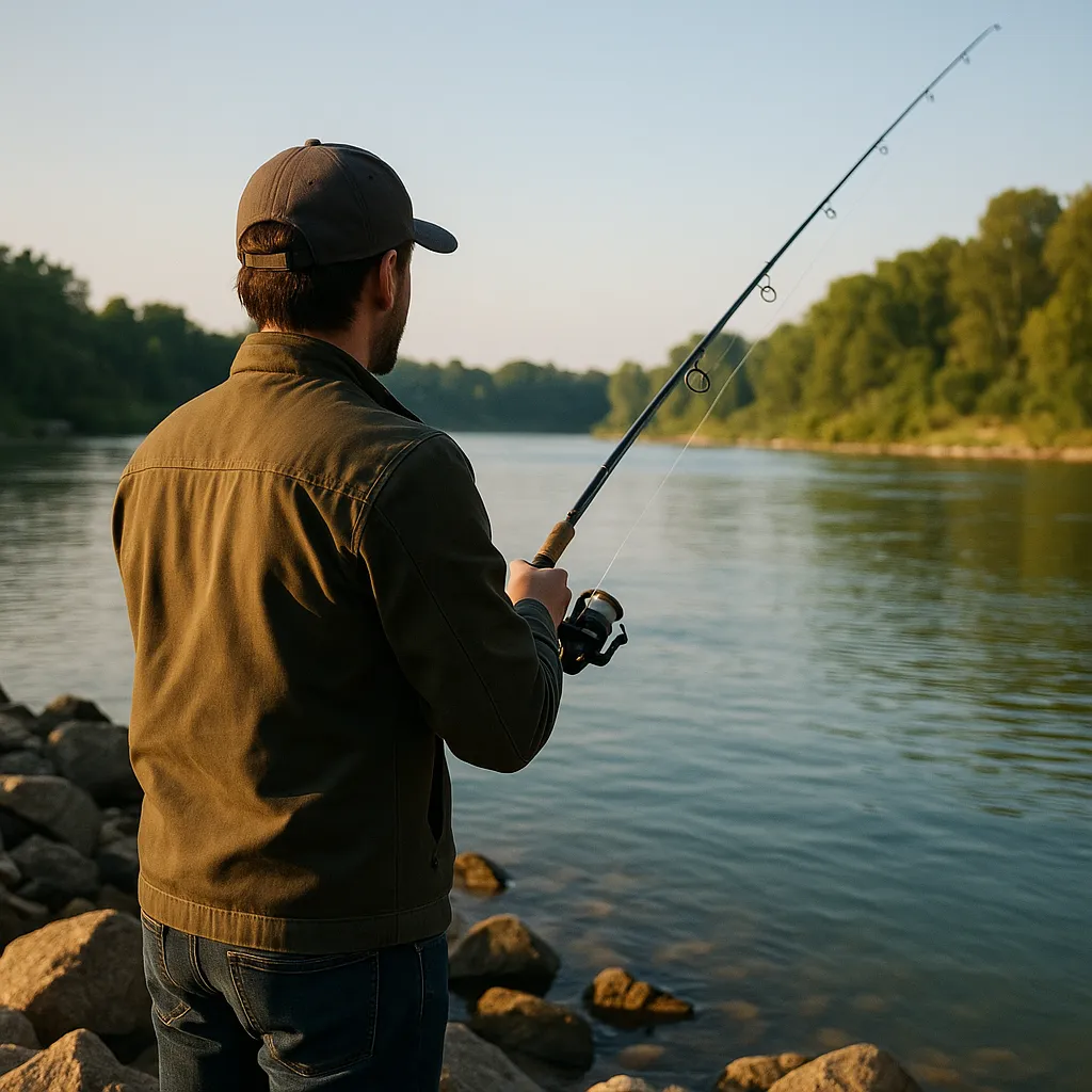 강가 바위 위에서 낚시하는 낚시인의 후면 모습