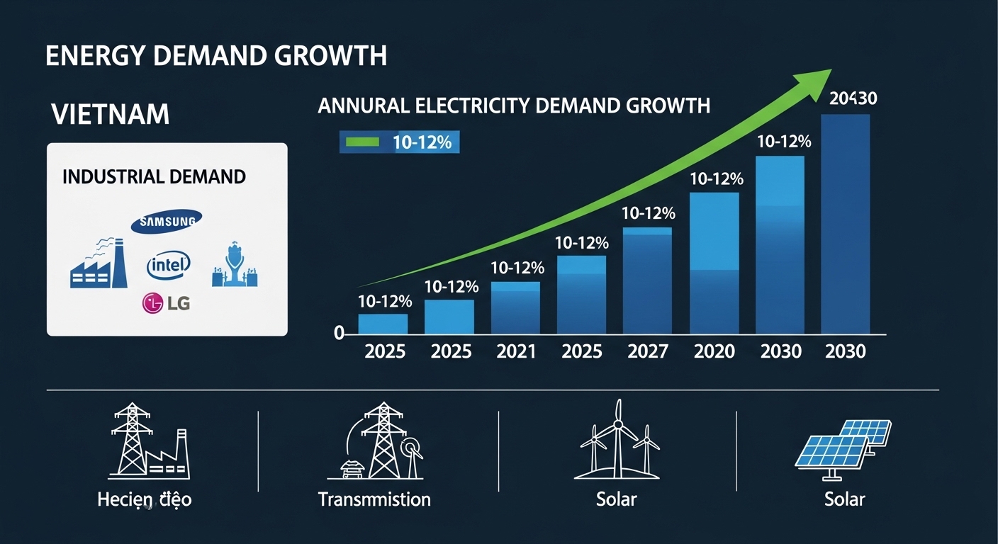 A professional infographic showing Vietnam's energy demand growth story. A rising bar chart shows electricity demand growing 10-12% annually from 2025 to 2030. Icons represent: factories (Samsung, Intel, LG), power transmission towers, wind turbines, and solar panels. Blue and green color scheme, corporate report style, English labels, dark navy background.