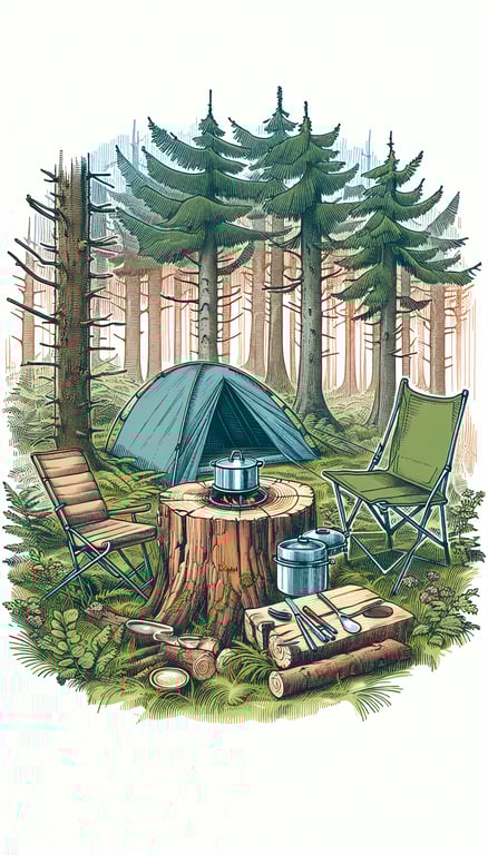 숲속에서 최소한의 장비로 미니멀 캠핑을 실천하는 모습의 사진