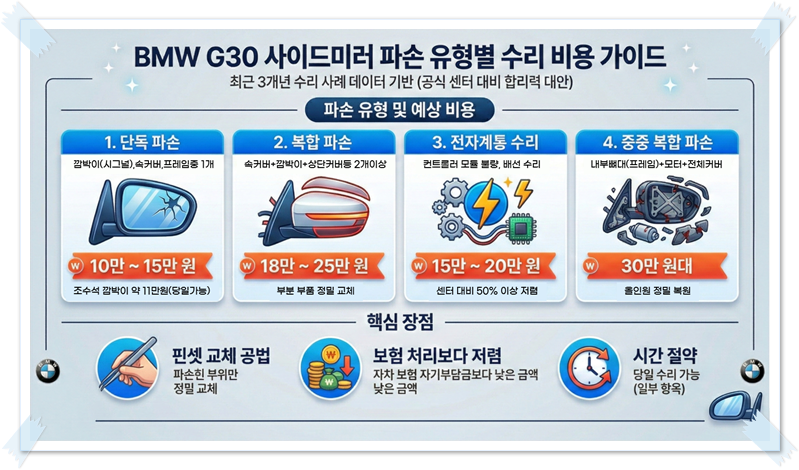 BMW 5시리즈 G30 파손 유형별 수리비용 비교표