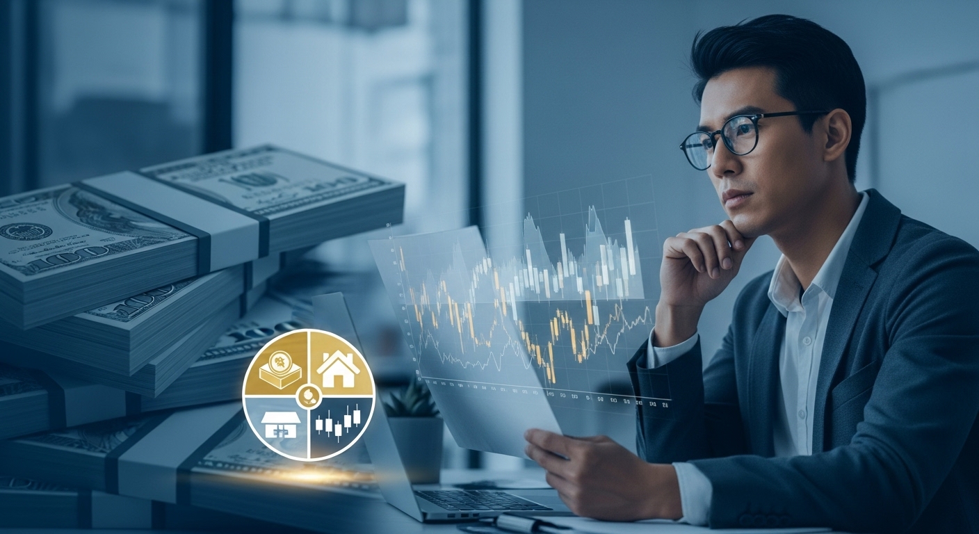 2025년 인플레이션 시대에 현금 가치 하락에 대비하여 자산 포트폴리오를 신중하게 재편하는 사람의 모습.