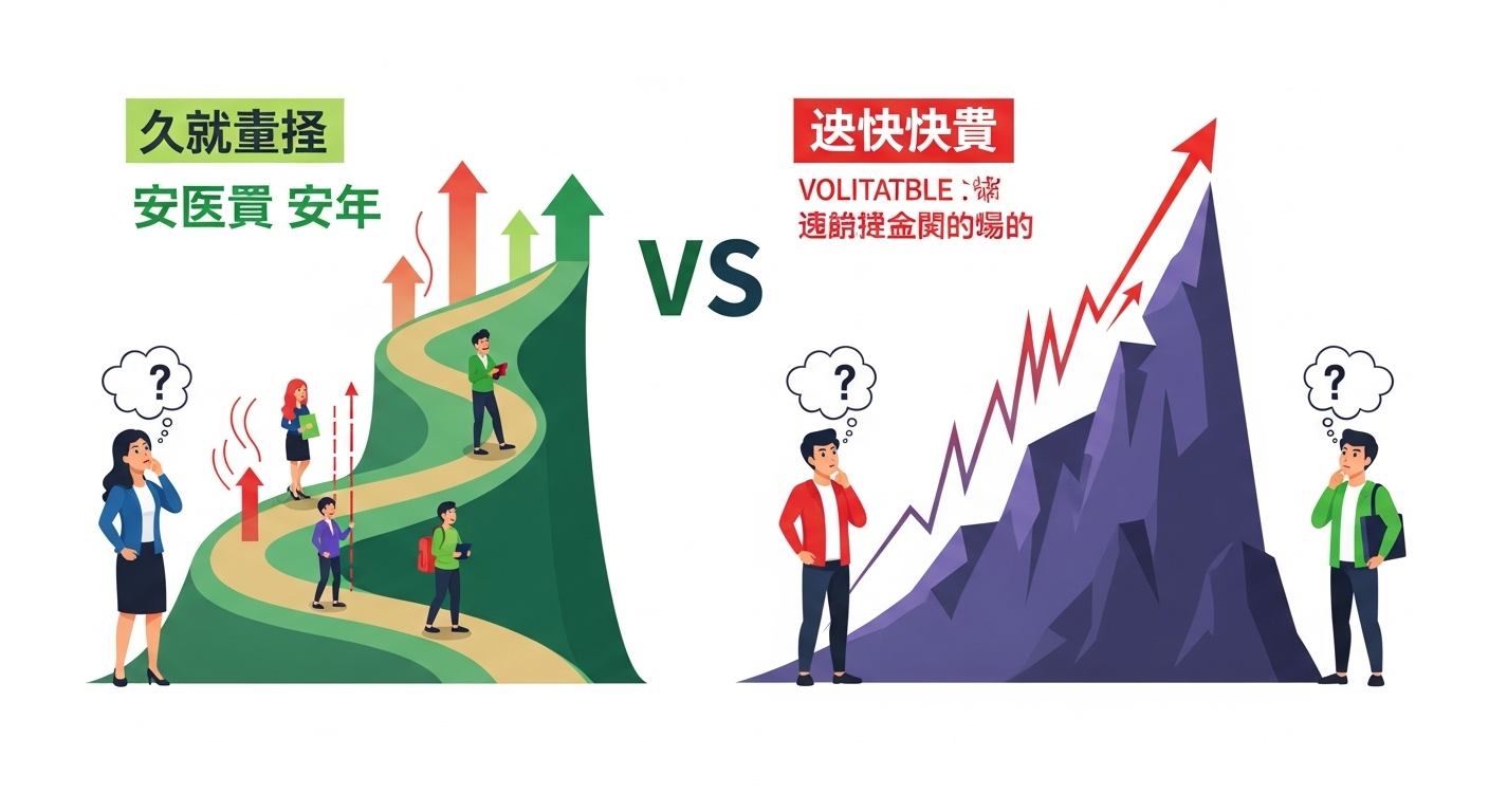 미래 설계를 상징하는 안정적인 성장 곡선과 투기를 상징하는 급격한 변동성을 오가는 MZ세대 투자자들미래 설계를 상징하는 안정적인 성장 곡선과 투기를 상징하는 급격한 변동성을 오가는 MZ세대 투자자들