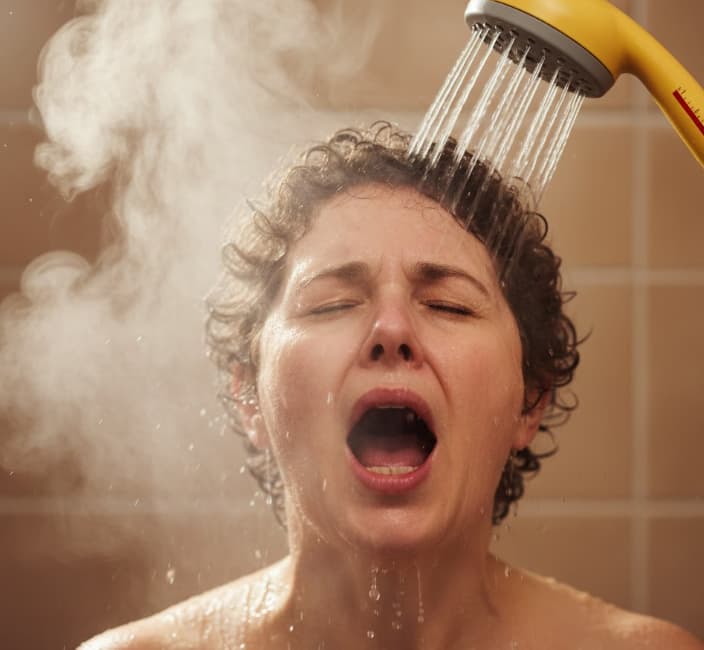 뜨거운 샤워기 물로 입을 헹구고 있는 모습