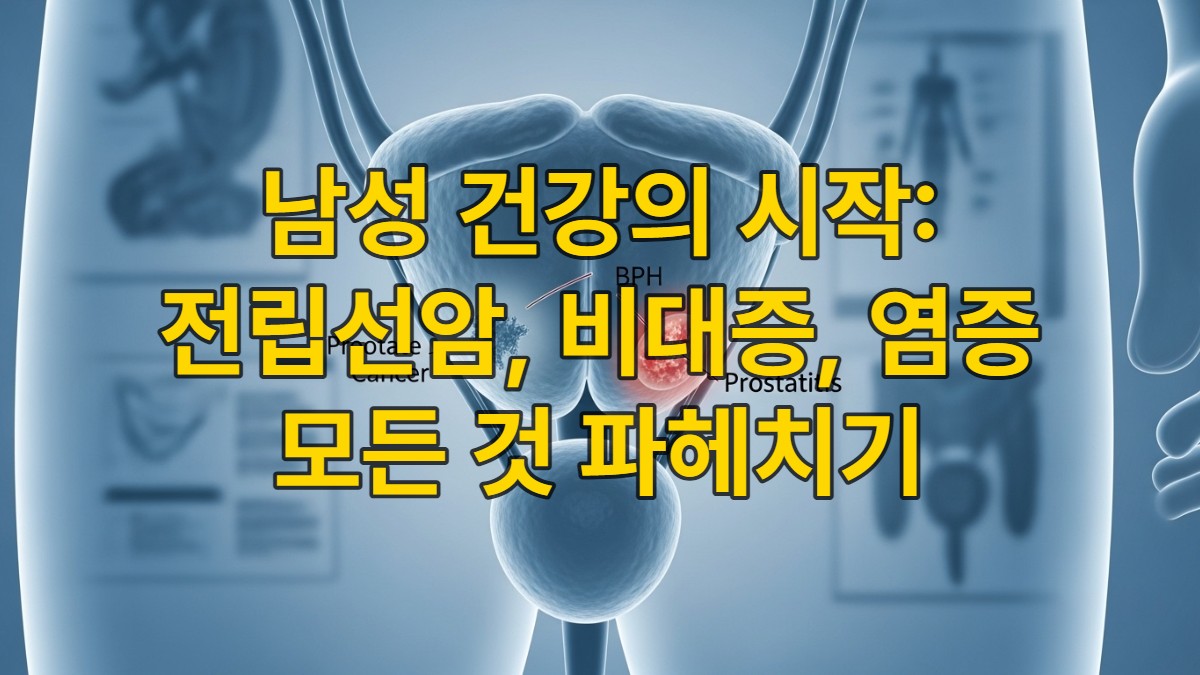 다양한 전립선 질환을 시각적으로 표현한 일러스트레이션. 전립선암, 전립선 비대증, 전립선염의 주요 특징을 나타내어 남성 비뇨기 건강의 중요성을 강조합니다.