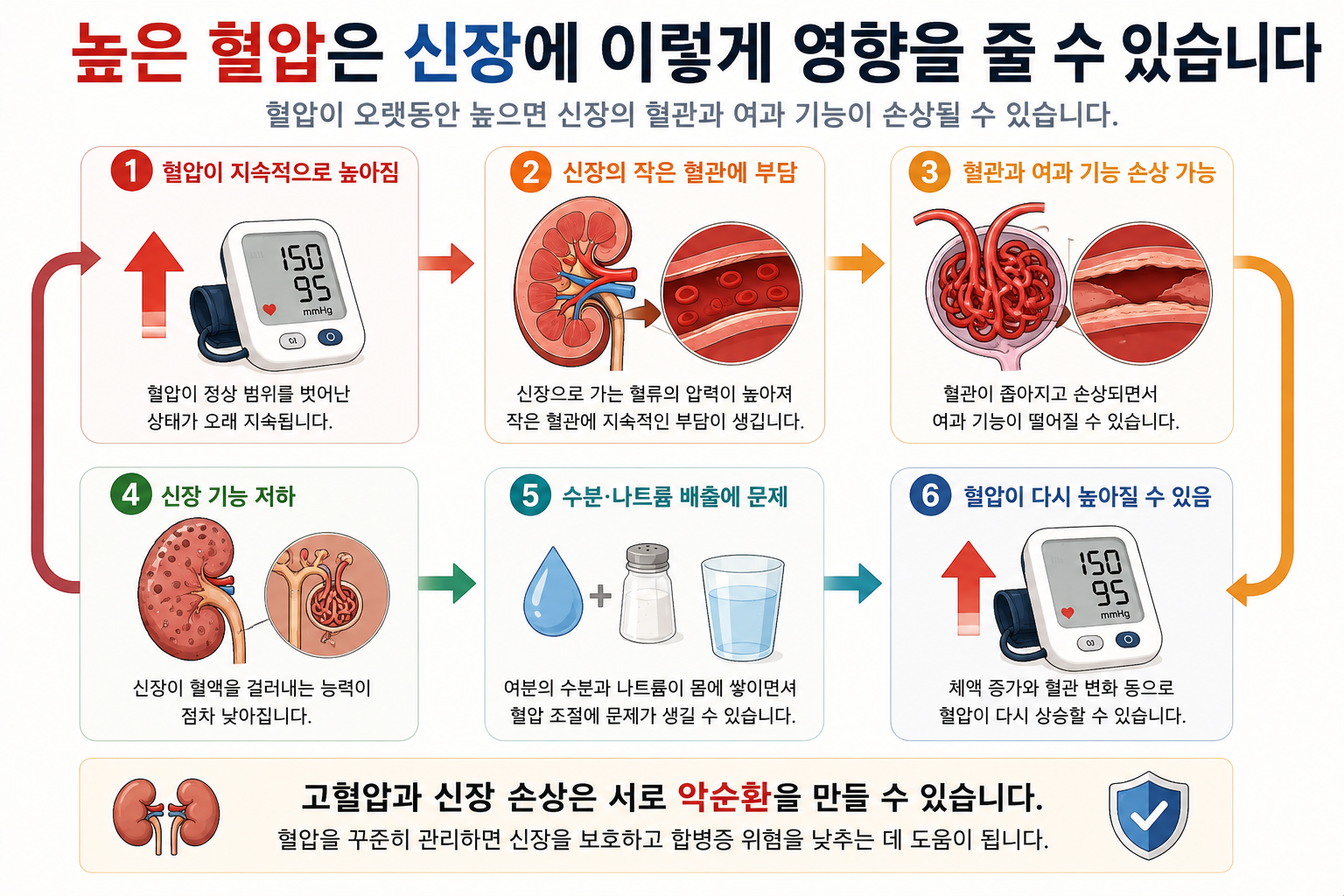 높은 혈압이 신장의 혈관과 여과 기능에 영향을 주는 과정 설명