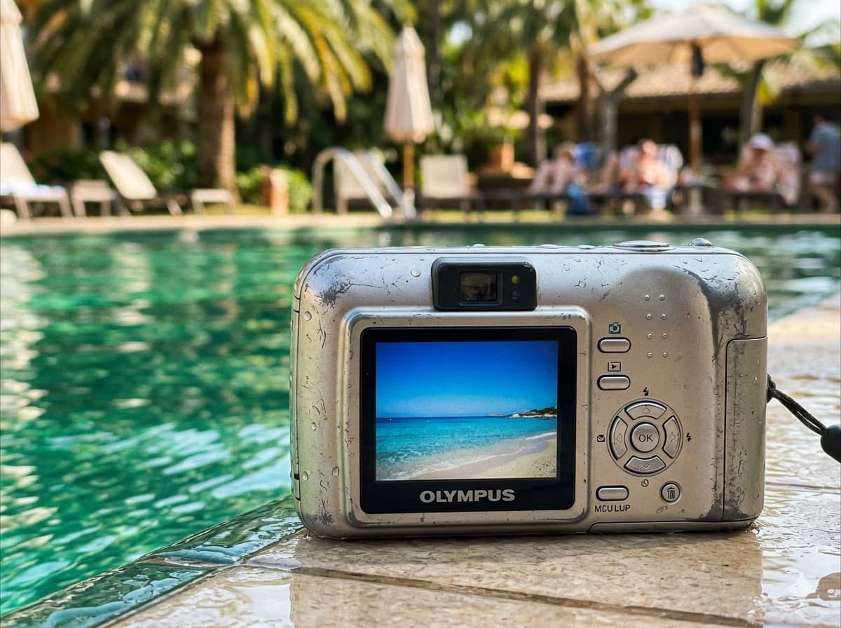 에메랄드빛 수영장 타일 위에 놓인 silver 올림푸스 뮤 디지털 카메라 xD 카드를 사용하는 초기 CCD 모델의 청량한 블루 톤 LCD 화면과 물방울