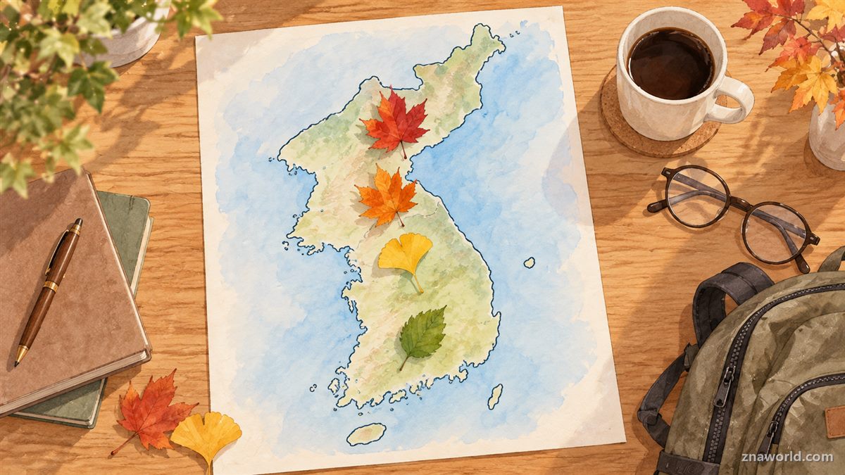 북쪽에서 남쪽으로 내려오는 2026 단풍 시기를 잎 색으로 표현한 지도