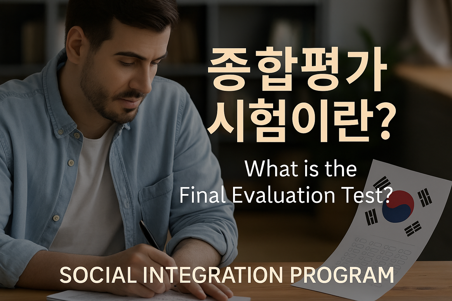 “책상에 앉아 종합평가 시험지를 작성 중인 외국인 남성이 진지한 표정으로 시험을 보고 있으며, 옆에는 태극기가 인쇄된 시험지가 놓여 있고 ‘종합평가 시험이란?’, ‘What is the Final Evaluation Test?’, ‘SOCIAL INTEGRATION PROGRAM’이라는 문구가 함께 배치된 실사 스타일 썸네일 이미지”