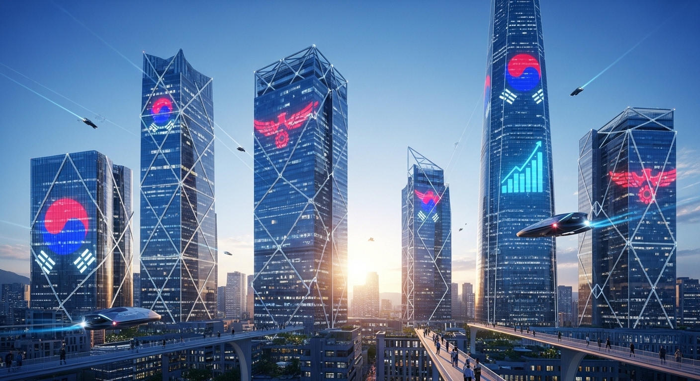 태극기와 방산 관련 로고가 디자인된 역동적인 미래 도시의 모습. '한국 방위산업의 미래' 상징