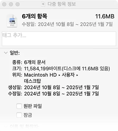 여러개의 파일과 폴더에 대한 다중 항목 정보를 확인할 수 있다.