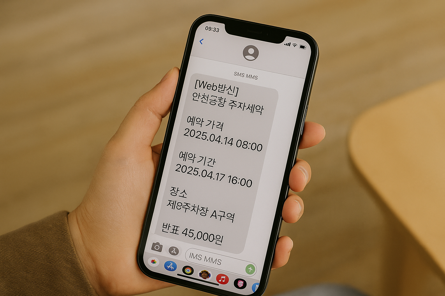 예약 완료 후 전송된 인천공항 주차장 문자 메시지