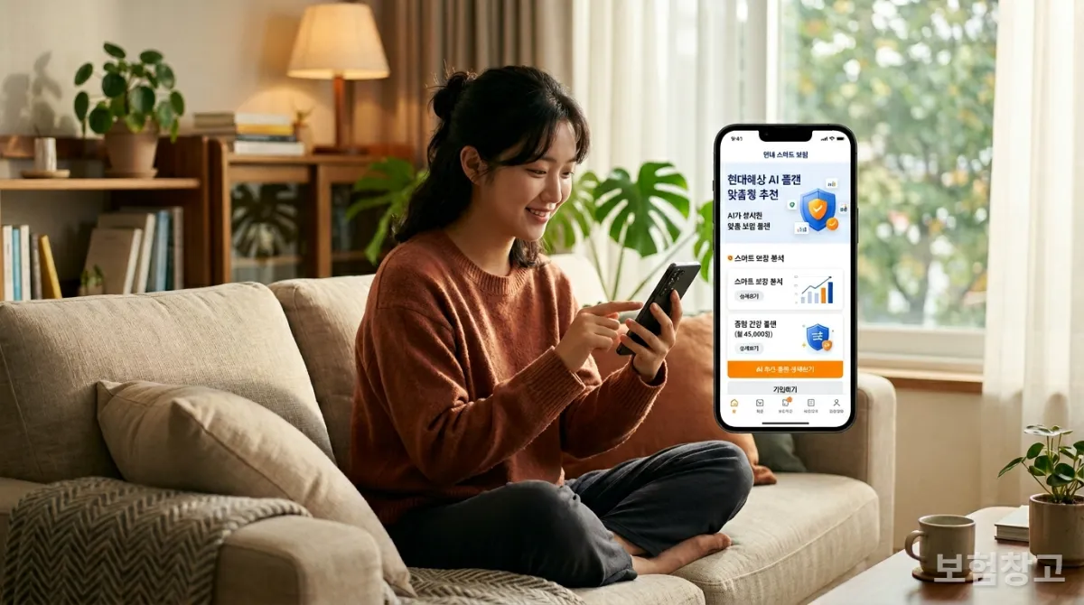 AI 기반 디지털 보험 앱을 사용하며 보험 상품을 탐색하는 한국인 젊은 여성