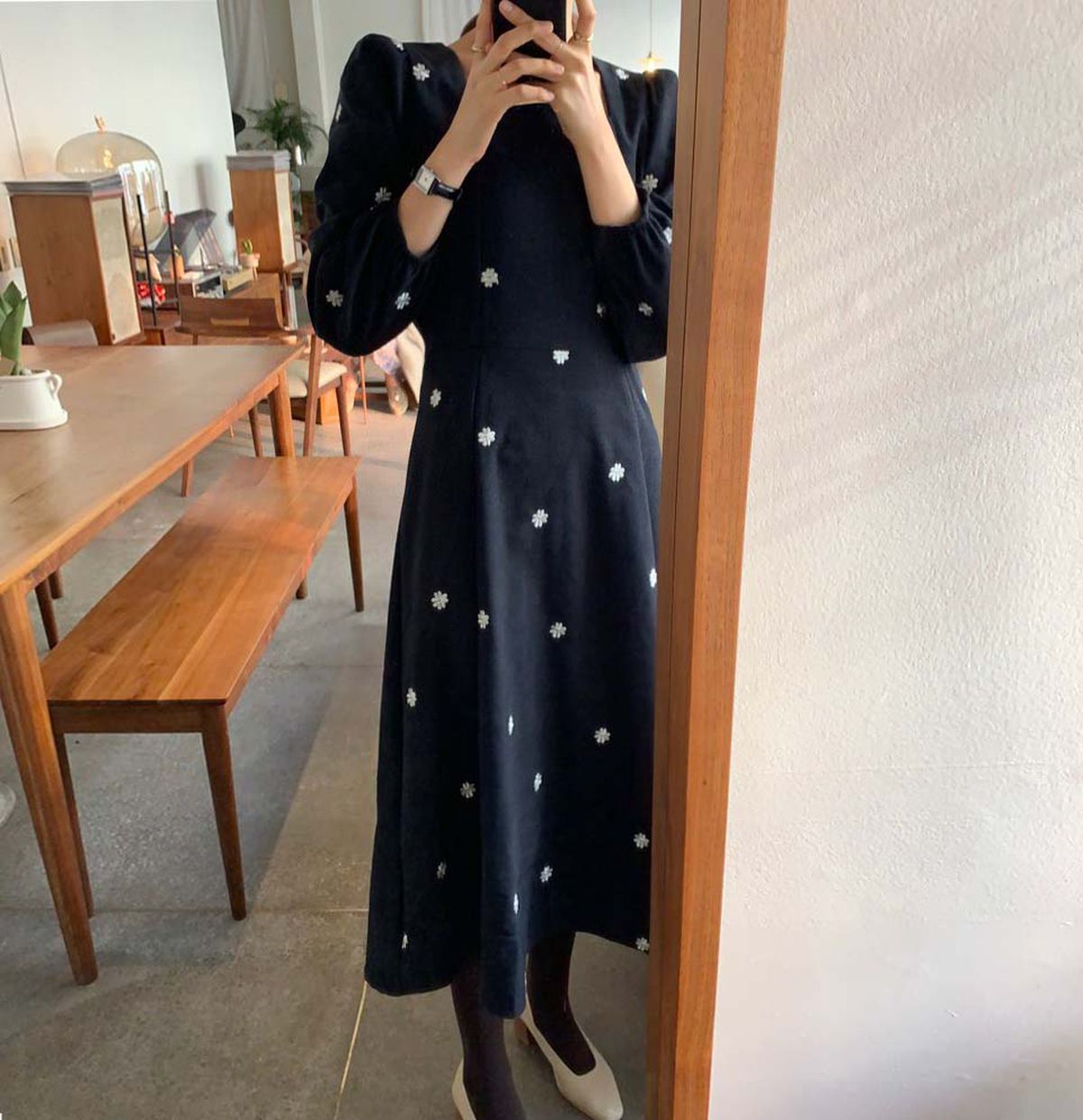 코듀로이 스퀘어넥 데이지 골덴 플라워 퍼프 롱원피스