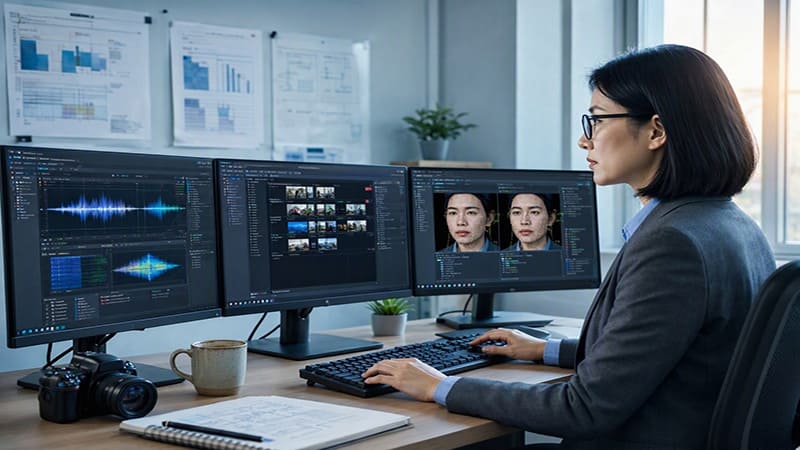 <img src=&rdquo;ai-digital-forensics-specialist.jpg &rdquo; alt=&rdquo;전문 분석관이 컴퓨터를 이용해 인공지능 조작 콘텐츠의 디지털 증거를 분석하는 모습&rdquo;>
