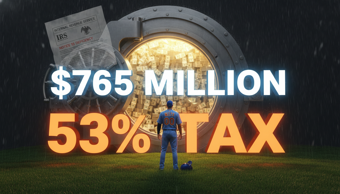 거대한 금고 앞에서 세금 고지서와 돈다발을 바라보는 야구 선수의 뒷모습과 영문 텍스트 일러스트