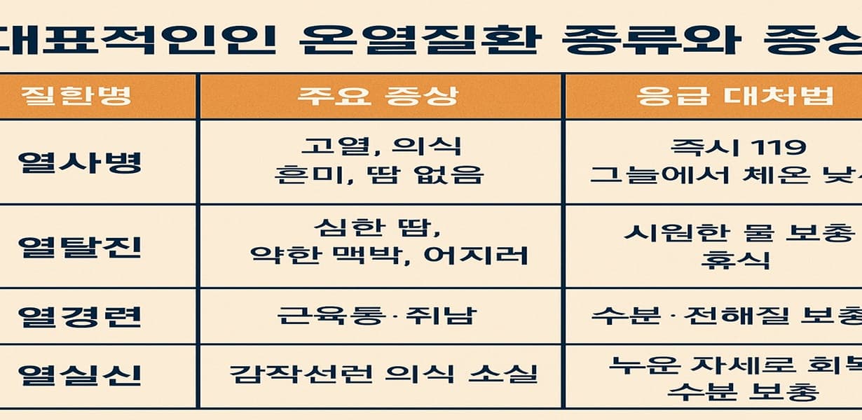 열사병, 열탈진, 열경련, 열실신 등 주요 온열질환의 증상과 응급 대처법을 정리한 표