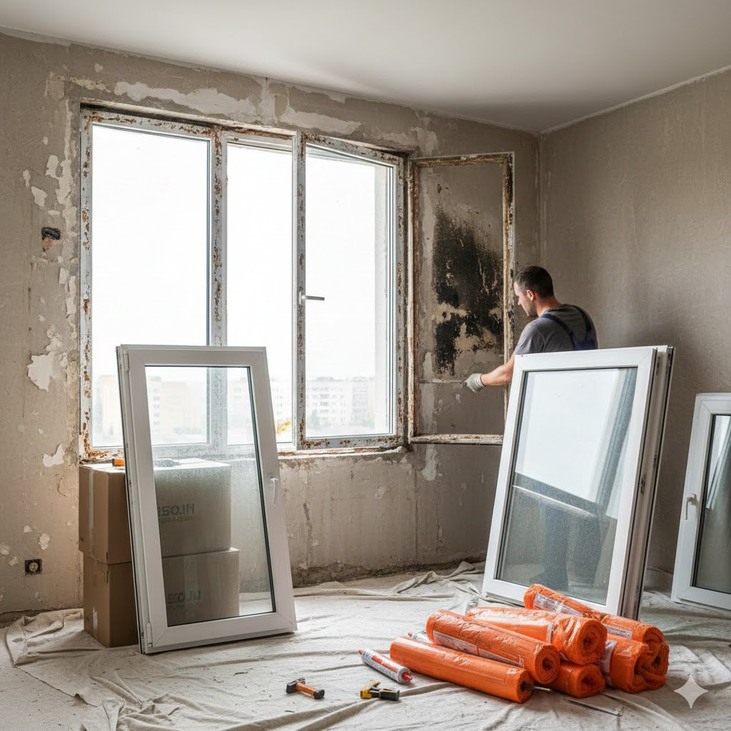 낡은 창문 샷시 교체 작업 중인 모습입니다. 오래된 창틀을 철거하고 새로운 창호가 설치되기 직전의 상황을 보여주며, 리모델링의 가장 기본적인 설비 공사의 중요성을 보여주는 이미지