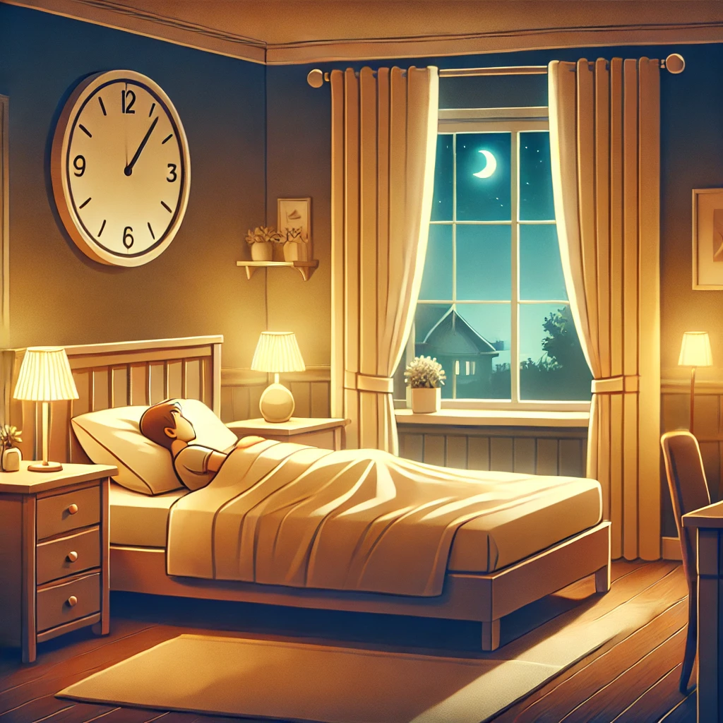 편안한 침실에서 숙면을 취하는 장면을 담은 그림입니다. 따뜻한 조명과 아늑한 분위기가 수면의 질을 높이는 느낌을 강조하고 있어요.