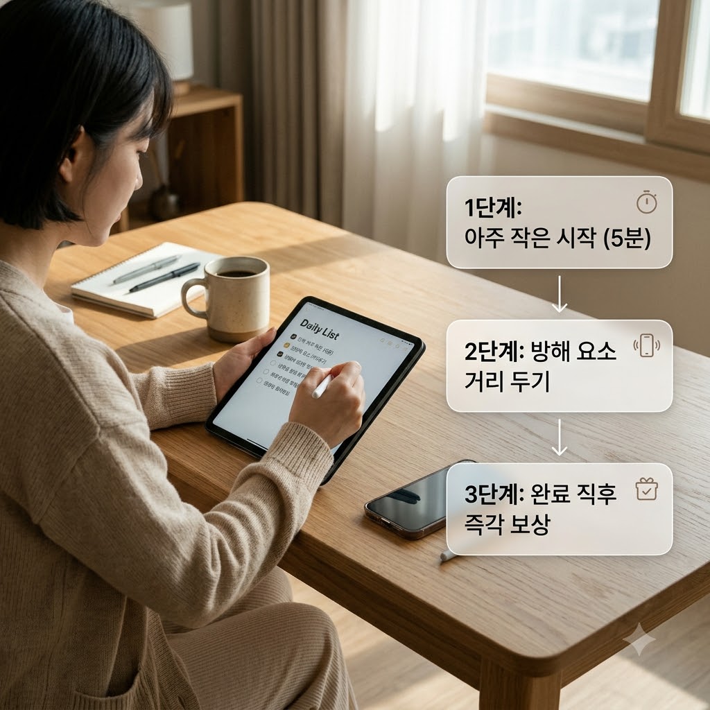 과제를 작은 단위로 쪼개고 실행 환경을 체계적으로 가다듬어 행동력을 높이는 과정을 시각적으로 보여주는 이미지