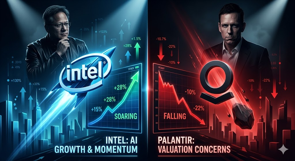 수직 상승하는 인텔(Intel) 로고와 바닥을 향해 꺾이는 팔란티어(Palantir) 차트가 대비를 이루고, 그 뒤로 젠슨 황과 피터 틸의 실루엣이 교차하는 강렬한 이미지