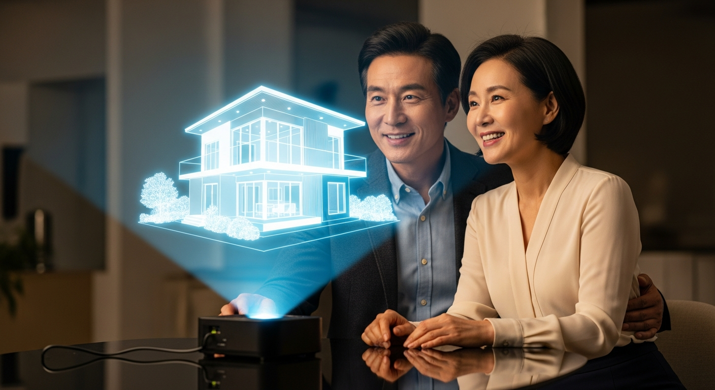 세련된 검은색 테이블 위로 떠오르는 현대적인 주택의 3D 홀로그램 모델을 행복하게 바라보는 젊어 보이는 중년의 한국인 부부
