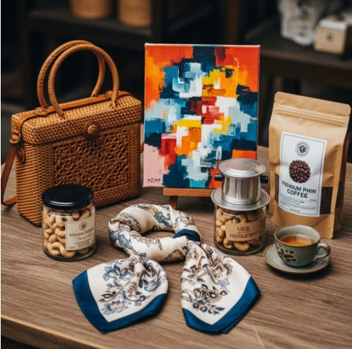 베트남에서 꼭 사야 할 독특하고 센스 있는 기념품들, 수제 라탄 가방, 현지 예술 그림, 스페셜티 커피, 실크 스카프, 캐슈넛이 아름답게 놓인 모습