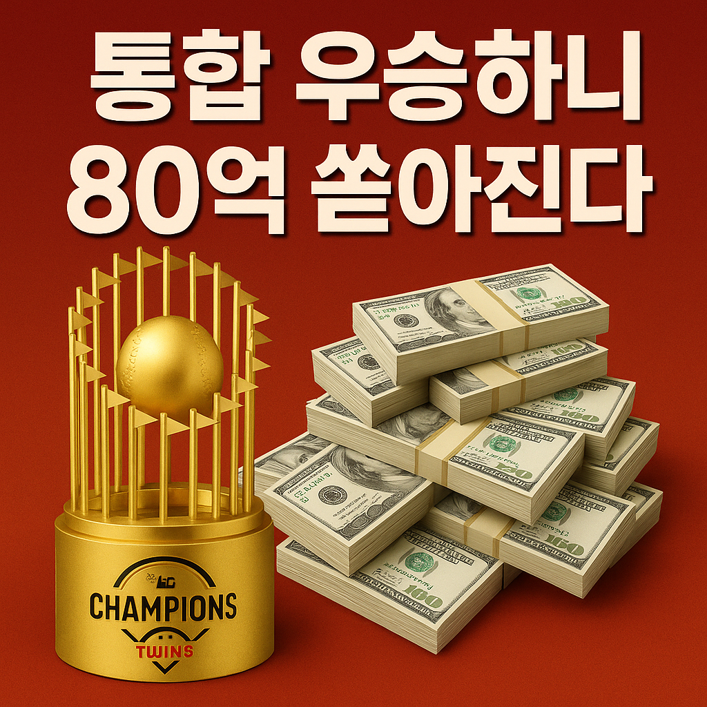 "LG 트윈스 우승 트로피와 80억 원 보너스를 상징하는 현금 더미가 함께 배치된 썸네일 이미지"