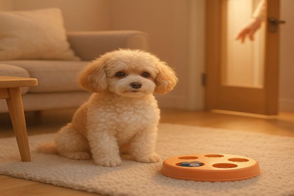 보호자가 잠시 외출하는 동안 퍼즐 장난감 놀이를 하며 보호자를 기다리는 노령 갈색 푸들