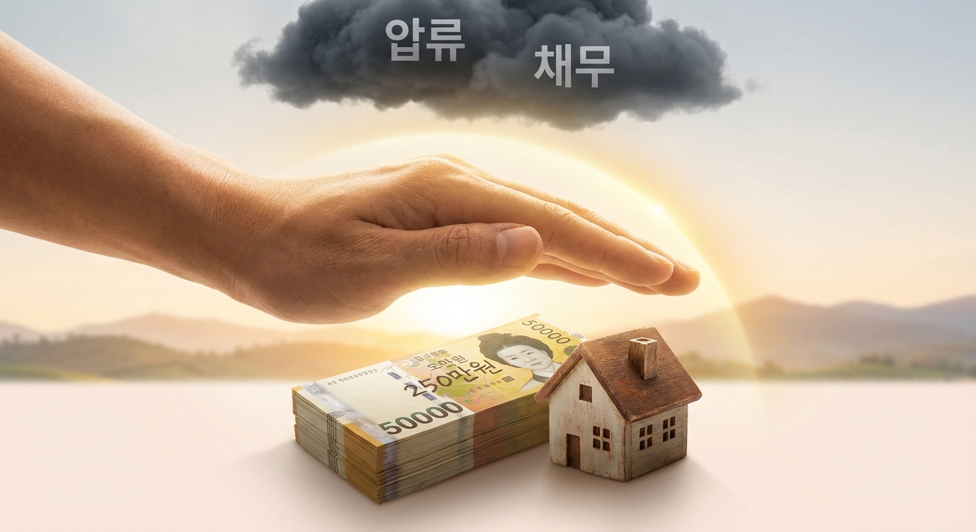 압류로부터 보호받는 250만 원 생계비와 집을 상징하는 희망찬 이미지