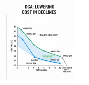 DCA를 통해 하락장에서 매수 단가를 낮추는 효과를 보여주는 그래프