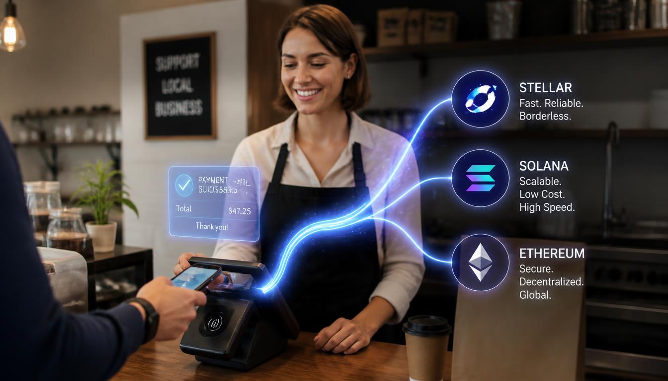 A merchant POS terminal showing digital transaction network lines connecting to multichain blockchain logos.