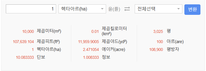 헥타르 평수 계산기
