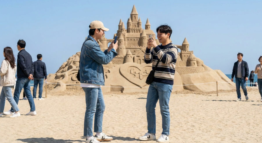 해운대 백사장의 거대한 모래 조각 작품 앞에서 감탄하며 스마트폰으로 서로의 사진을 찍기