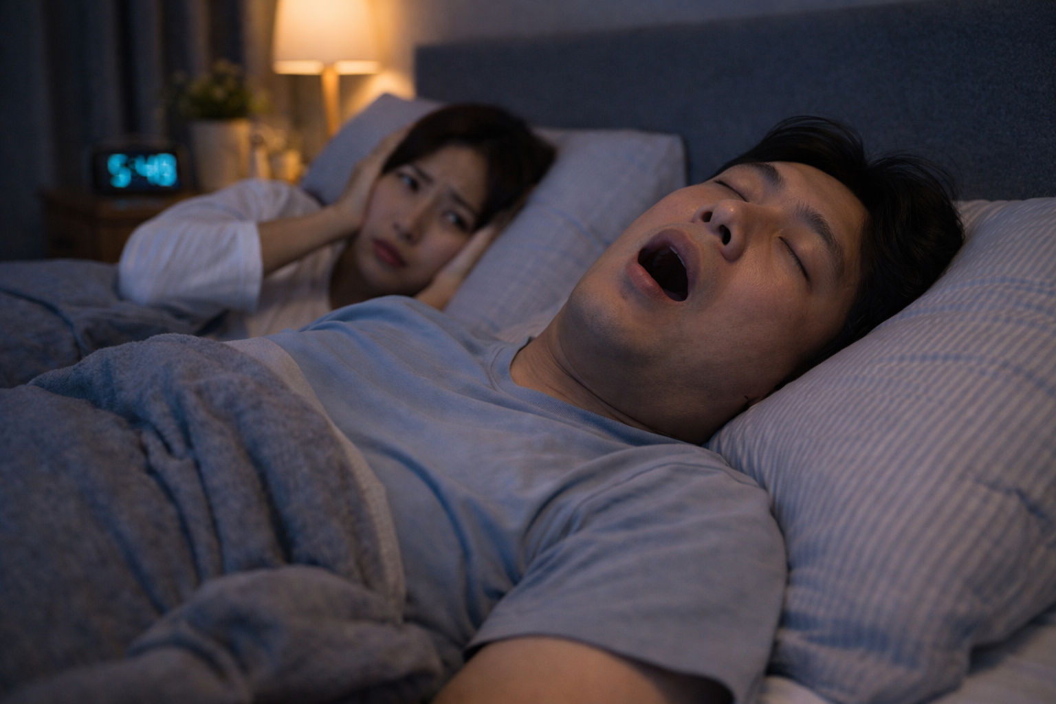 코골이로 인해 옆 사람이 불편해하는 부부의 모습, 수면무호흡증과 수면장애를 설명하는 이미지