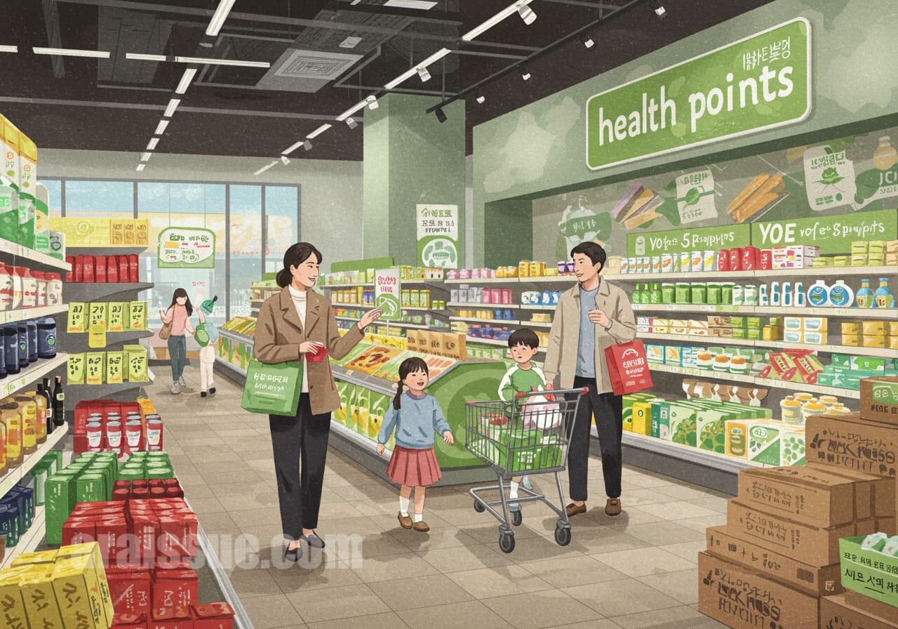 한국인 가족이 현대적인 슈퍼마켓에서 건강 제품을 건강포인트로 구입하는 장면입니다. 건강 관련 제품을 구입하는 모습으로 혜택을 실질적으로 체험하는 장면입니다.