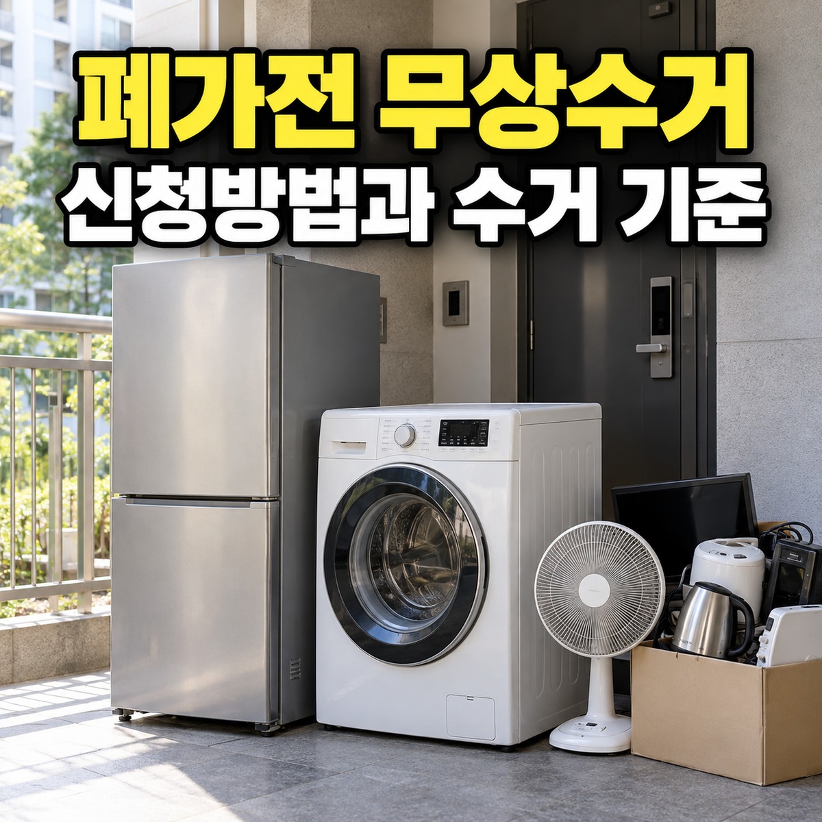 아파트 현관 앞에 수거를 위해 놓인 냉장고와 세탁기 및 소형가전들
