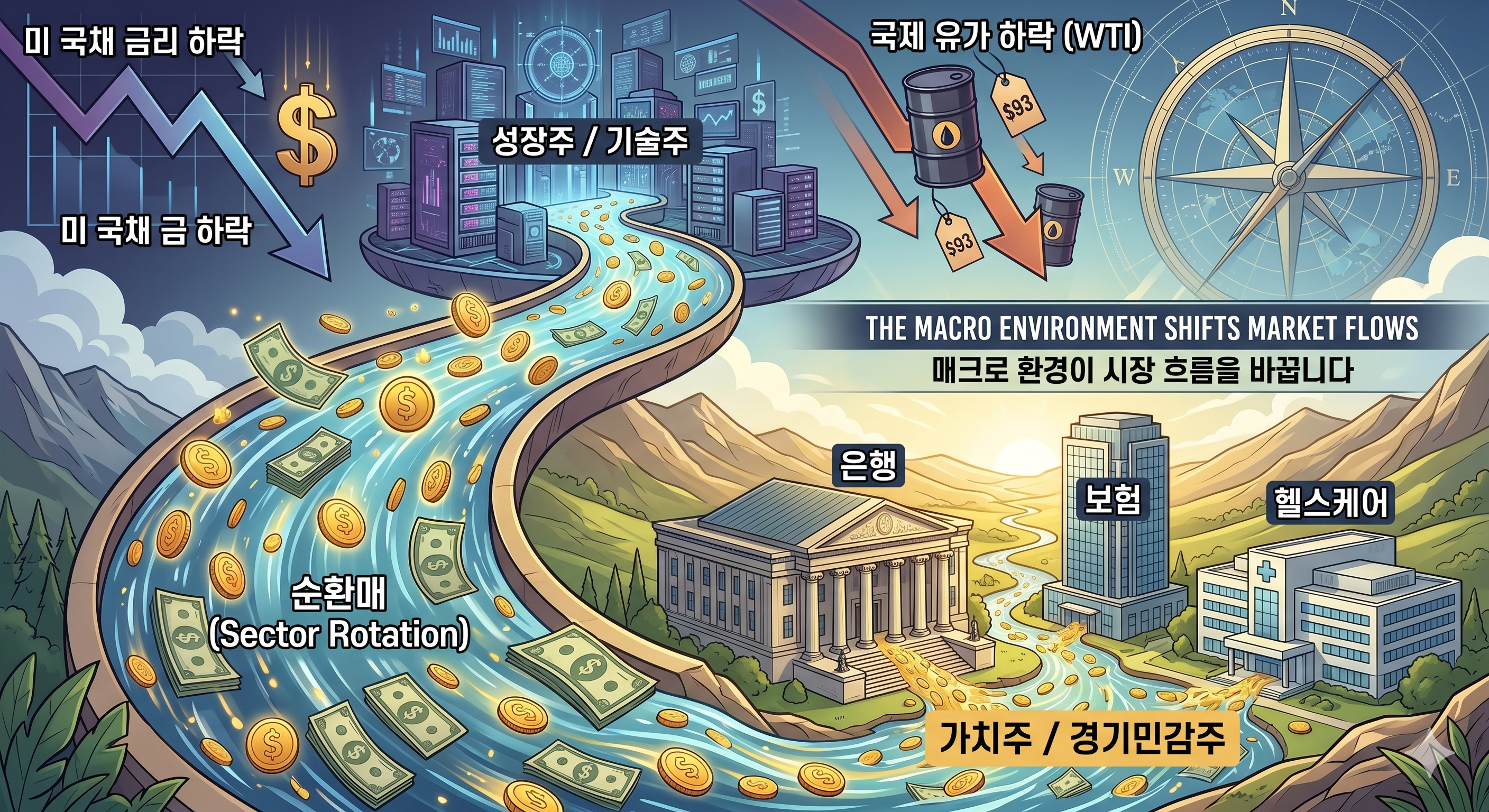 미국 국채 금리 하락과 WTI 국제 유가 하락을 나타내는 매크로 지표 일러스트