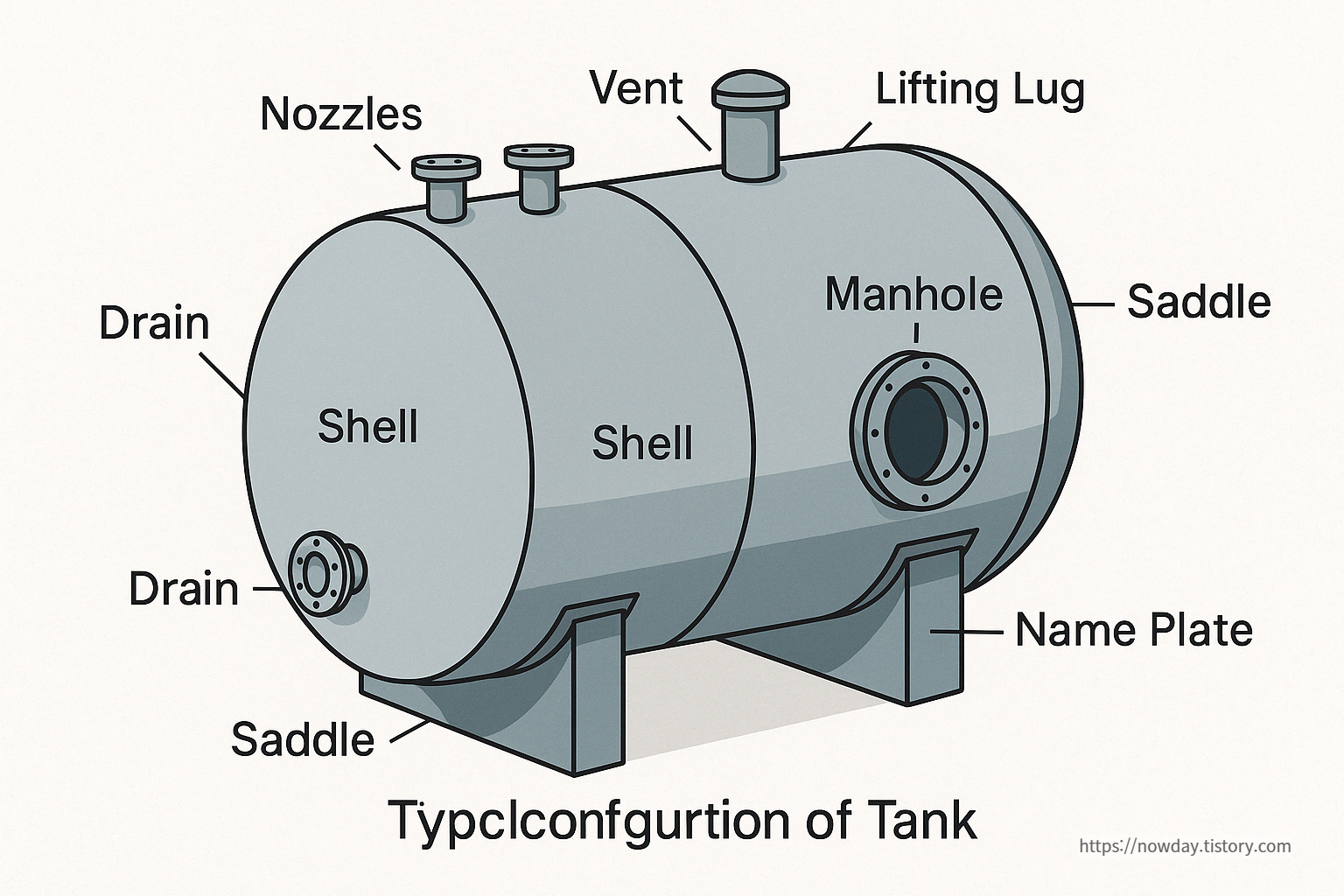 Cross-section of a cylindrical plant tank showing the location and labeling of nozzles, manhole, saddle, skirt, vent, and other structural fittings.