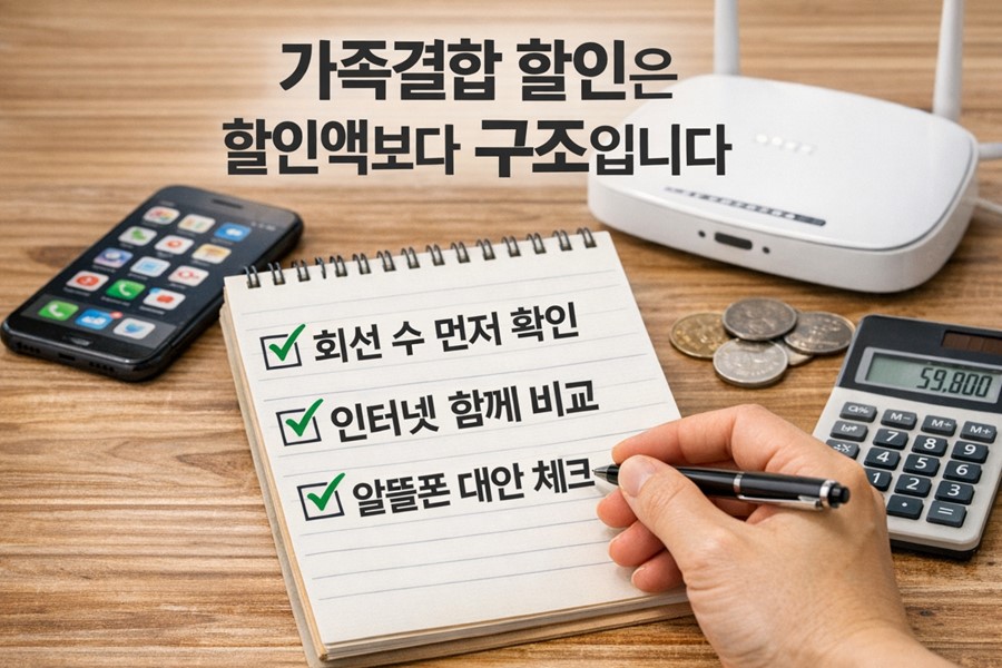 가족결합 할인 비교에서 회선 수와 인터넷 결합 여부, 알뜰폰 대안까지 함께 확인해야 한다는 내용을 보여주는 체크리스트 이미지