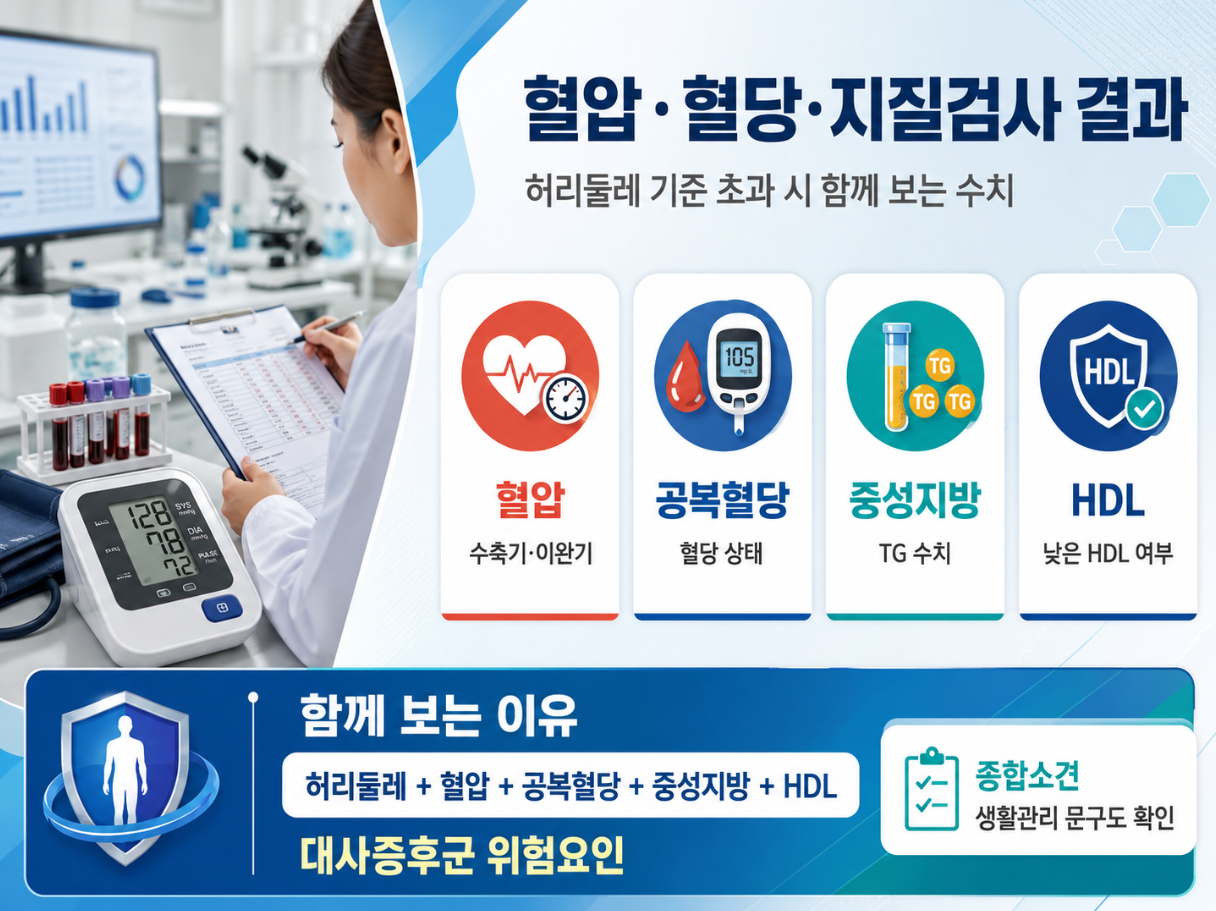 허리둘레 기준 초과 시 함께 보는 혈압·공복혈당·중성지방·HDL 결과를 정리한 의료 인포그래픽으로, 혈압계와 혈액검사 장면을 함께 보여주는 이미지