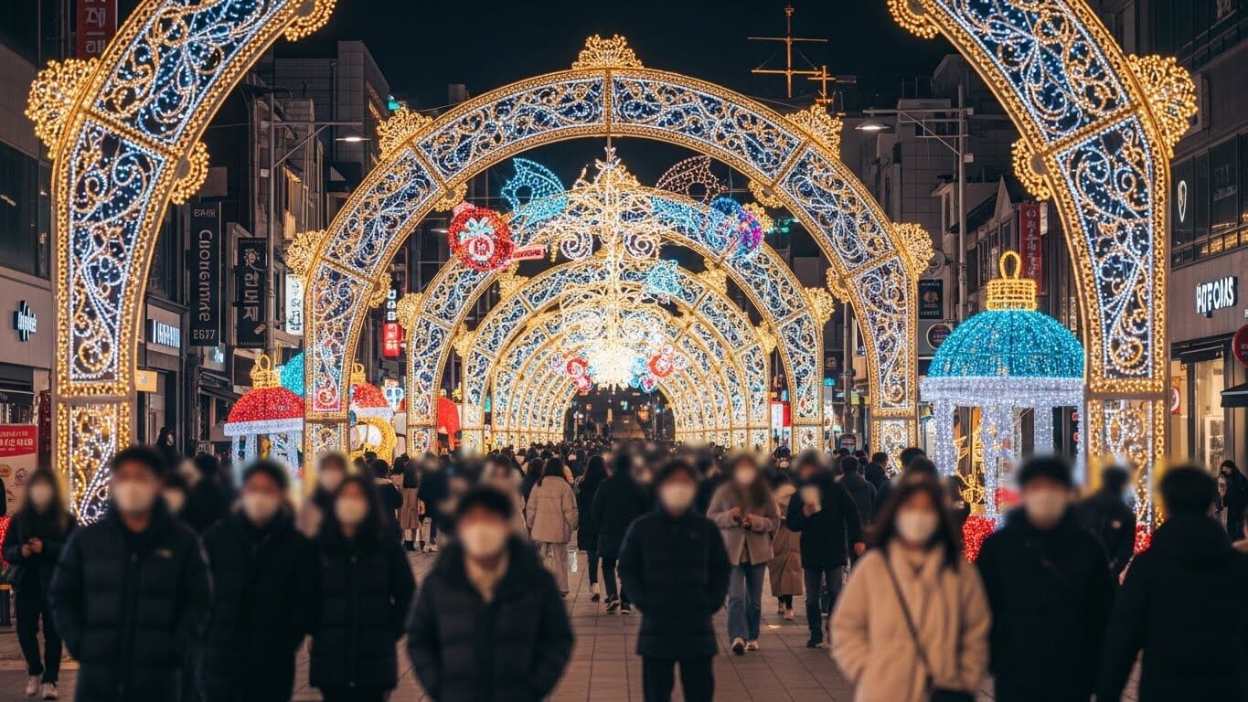 크리스마스 시즌을 맞아 화려한 아치형 조명 아래로 많은 사람들이 몰린 도심 거리 풍경