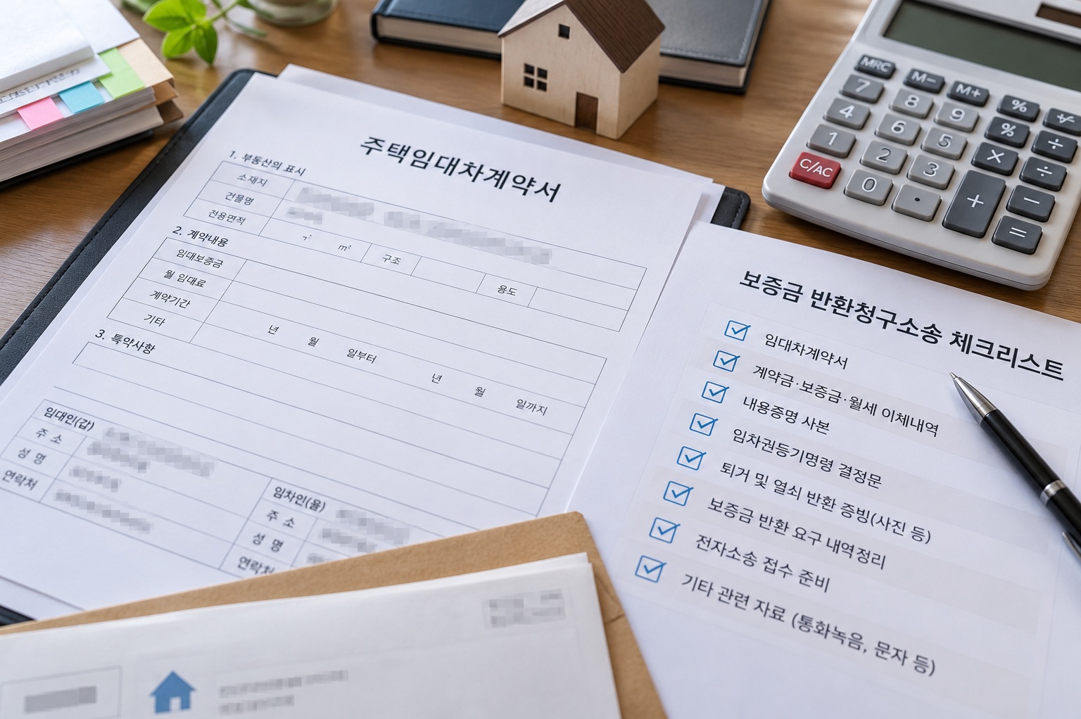 보증금 반환청구소송 체크리스트와 주택임대차계약서, 계산기 및 증빙서류를 책상 위에 정리한 모습