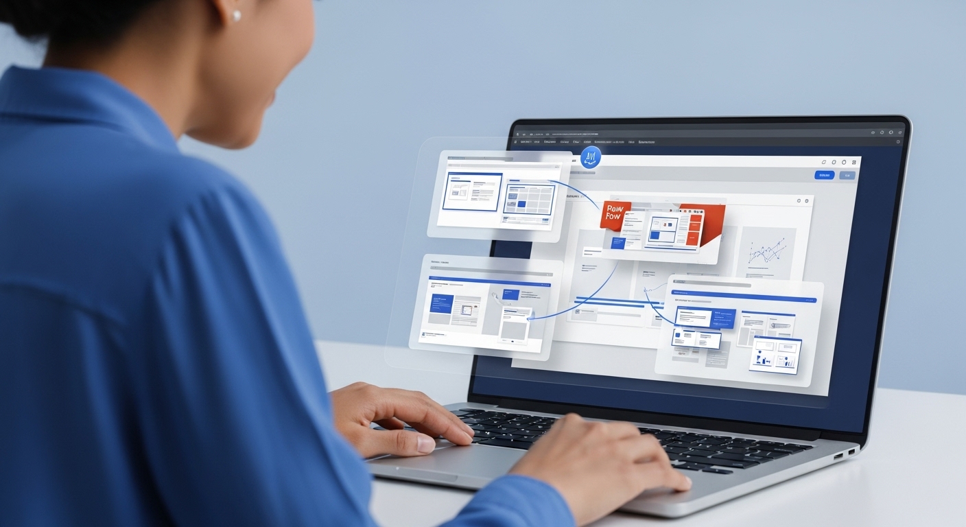 파워포인트 화면에서 AI 코파일럿이 사용자의 아이디어를 바탕으로 자동으로 슬라이드를 생성하고 디자인을 개선하는 장면